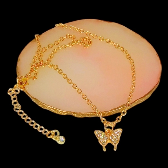 Hand Crafted Jewelry - Gold Butterfly Pendant Necklace Luxe Bling Mod 60s Modern Retro Glam Sparkling